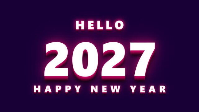 A bold and bright announces the arrival of the year 2027 with the words "hello" and "happy new year" in glowing neon pink text against a deep purple background, creating a festive and celebratory