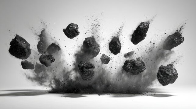 Jagged dark fragments erupt outwards in a cloud of dust