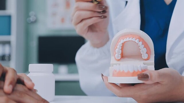 A dentist wearing a white coat points with a pen at a realistic model of human dentures showing upper and lower jaw teeth to a patient whose hands are also visible in the foreground discussing