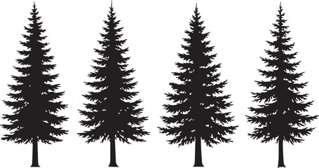 Pine tree silhouettes set of 4 vector icons. Evergreen spruce and fir forest trees. Black coniferous timber shapes for outdoor adventure and camping designs. © Adnan