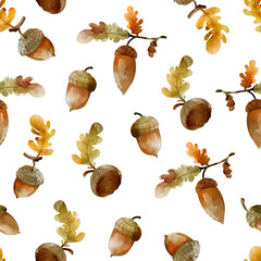 seamless watercolor pattern autumn acorn leaves © WatercolorDigitalArt