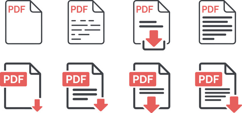 Four pdf document icons converting to editable text files with download arrows
