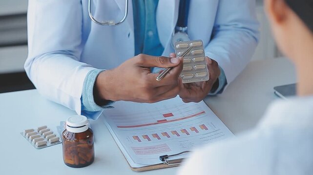 A doctor in a white coat points with a pen at a blister pack of medication held in their hand while discussing with a patient, with a chart displaying bar graphs, a bottle of pills, and another