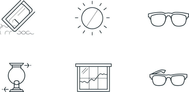 Minimalist vector line art icon set featuring optical glass and lens material properties collection including scratch resistance uv block cracked window eyeglasses isolated on white