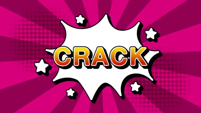 Crack text word lettering popup comic cartoon reveal with bomb and smoke explosion manga anime book page dots with radial speed lines doodle pink background with seamless loop animation retro