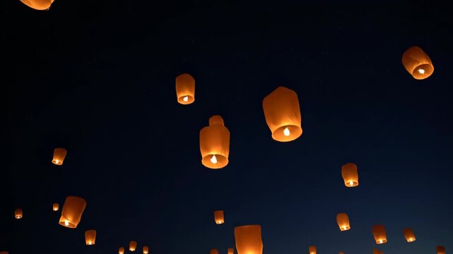 Floating Paper Lanterns Rising into a Dark Night Sky During Cultural Festival � Hope, Tradition, Community Celebration and Tourism Concept in 4K