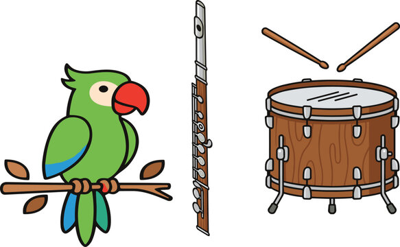 Cartoon vector illustration set featuring a cute green parrot perched on a branch a silver flute and a snare drum