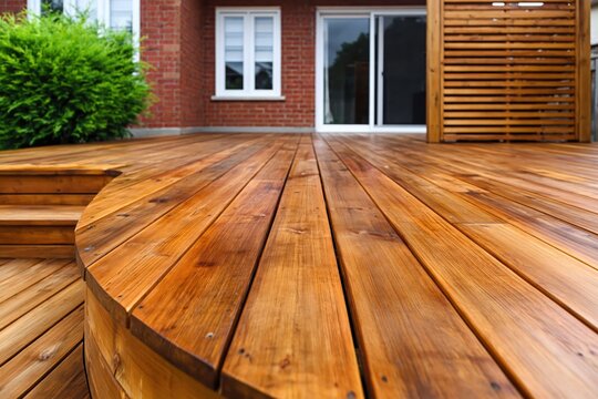 Deck renovation: close up of freshly stained wooden deck in backyard patio architecture