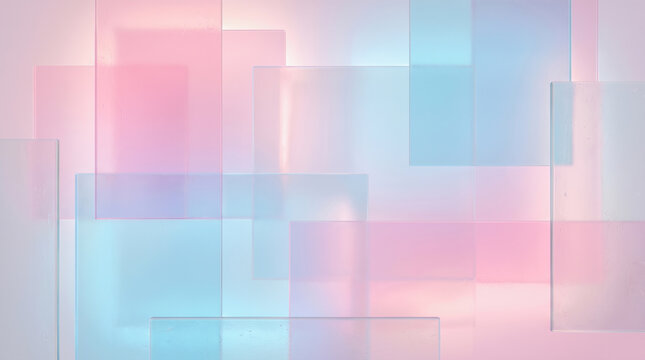 abstract geometric background pastel color glass panels translucent overlapping squares modern minimal design light pink blue gradient studio soft reflections blank template creative concept