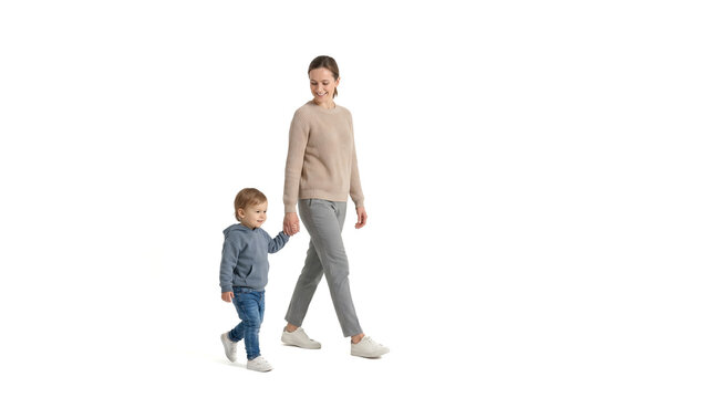 happy mother little child walking together isolated white background family lifestyle parent toddler holding hands casual clothes smiling walking studio full length portrait