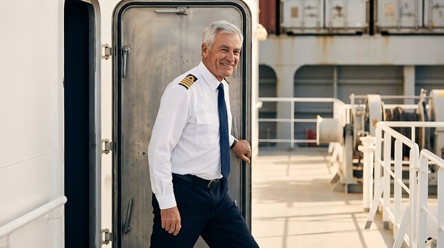 Smiling senior ship captain in uniform stepping onto the deck