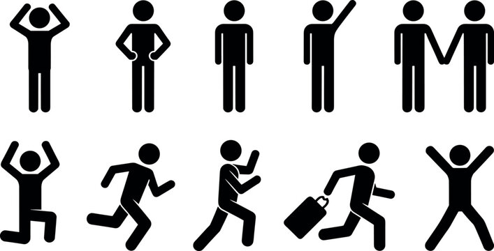 Set of simple black and white people icons showing different actions and poses