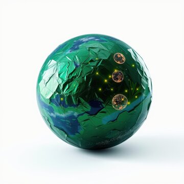 Low poly globe, green hues dominate. Planets orbit, bright spots visible. Minimalist style, white background. Futuristic design.