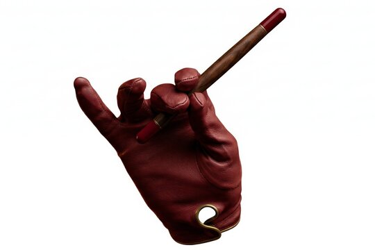 A hand in a red leather glove holding a wooden pen with a red tip against a white background.
