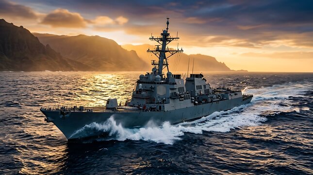 Modern naval destroyer sailing in the ocean at sunset