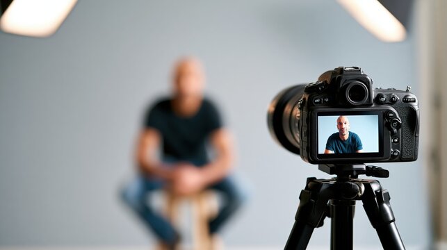 Dslr camera with live view screen capturing a man in a studio setting, creating digital content for media