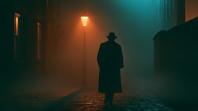 Mysterious man walks a fog draped Victorian street bathed in warm lamplight cinematic atmosphere