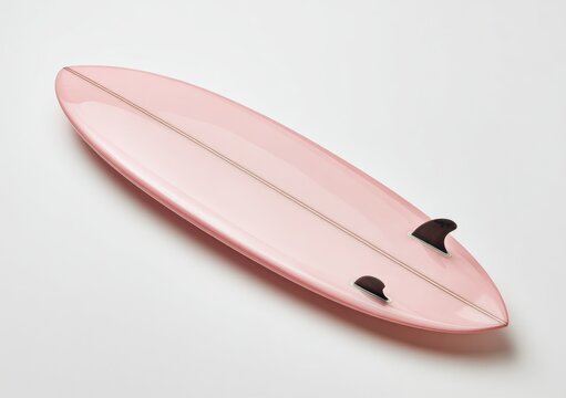 A stylish, light pink surfboard with twin fins, positioned on a white background