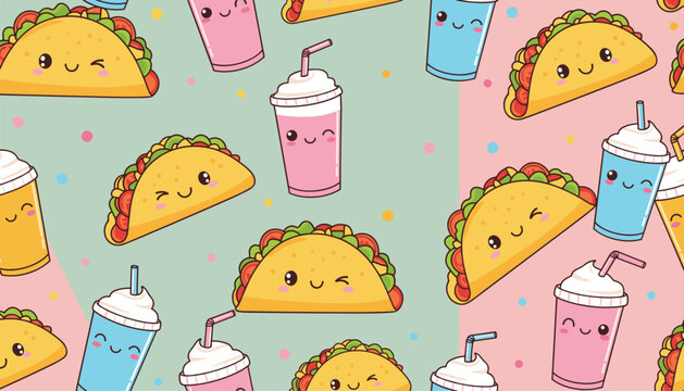 Cute seamless pattern featuring kawaii cartoon tacos and colorful soft drinks with happy smiling faces on a split background.