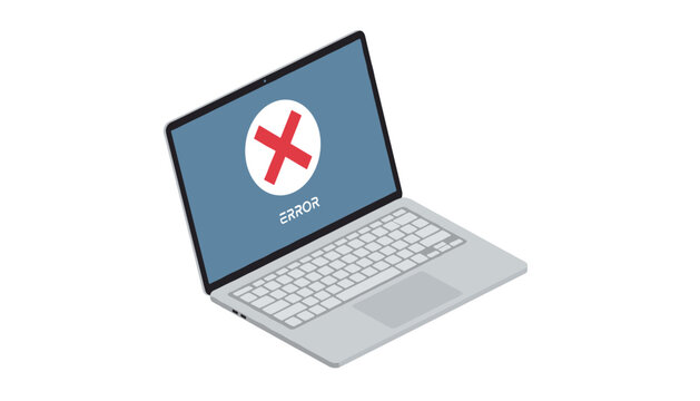 Laptop with an error sign on the screen featuring a large red cross, isometric vector illustration of computer crash or bug.