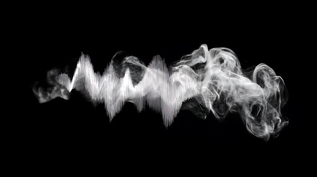 Abstract white soundwave transitioning into smoke clouds on black background