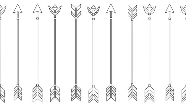 Seamless line pattern of diverse tribal arrows pointing upwards, decorative black and white bohemian design background.