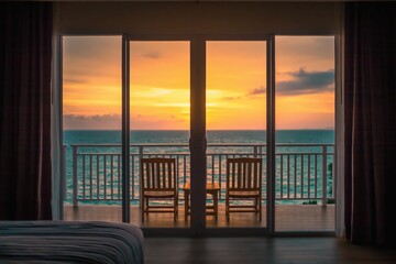 Fototapeta premium Sunset ocean view from hotel balcony with chairs, tropical vacation resort room window