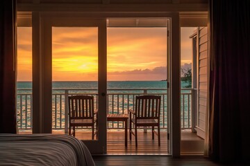 Fototapeta premium Sunset view from hotel room balcony overlooking ocean at tropical resort vacation