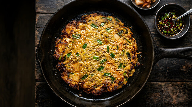Traditional Korean Bindaetteok mung bean pancake served in a rustic cast iron skillet with dipping sauce on a dark wood background