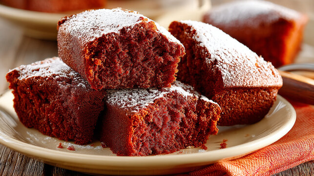A stack of homemade chocolate brownies dusted with powdered sugar on a plate brownies chocolate