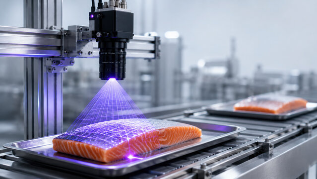 Automated quality control system inspects salmon fillets using advanced AI technology ensuring high standards in food processing