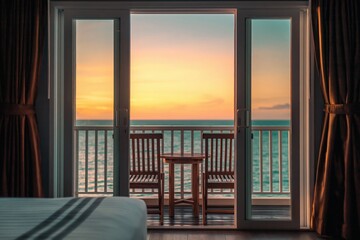 Obraz premium Sunset view from hotel room balcony overlooking ocean, tropical vacation resort luxury