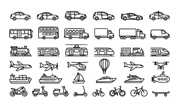 Transportation line art icon set vector illustration