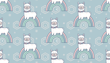 Naklejka premium Cute and whimsical alpaca seamless pattern featuring adorable cartoon white llamas standing on pastel rainbows.
