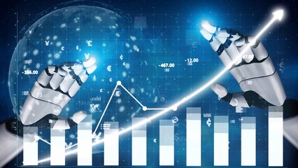 Robotic hands engaged in financial data analysis signify the integration of artificial intelligence...