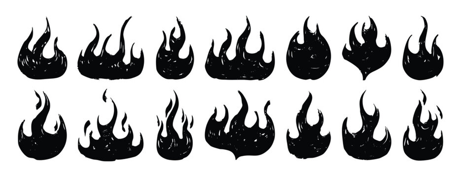 flame icons, textured brush doodle fire flame icon set. flame graphics, rough chalk texture icons for hazard and safety signage