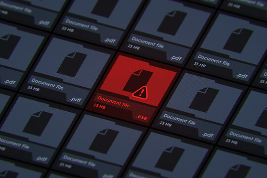 Malicious exe file disguised as pdf document icon among others on screen. Cyber security threat, malware and virus warning concept.