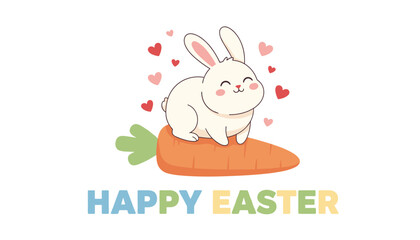Fototapeta premium Cute and adorable Easter bunny sitting on a large orange carrot with floating red hearts and happy easter text.