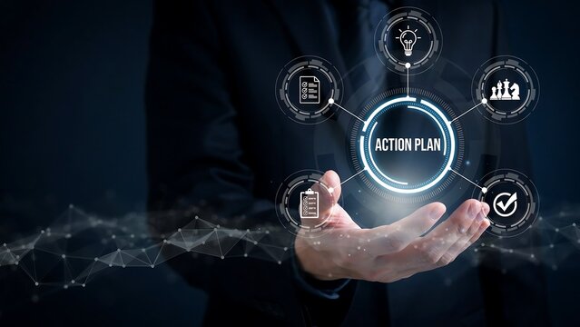 Digital Action Plan for Business Growth Professional Interacting with Holographic Interface, Illustrating Strategic Development, Goal Setting, and Implementation