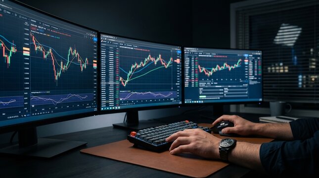 POV of professional trader analyzing forex market charts on multiple computer monitors at night