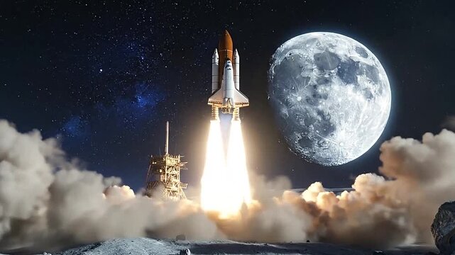 A space shuttle launches from a rocky surface into deep space