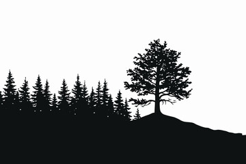 Silhouette illustration of pine forest trees with large tree on hilltop. © Times Graphic