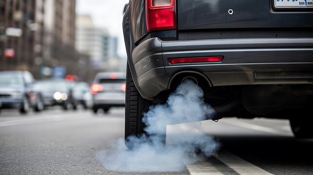 Car exhaust emitting smoke on urban road causing air pollution concept