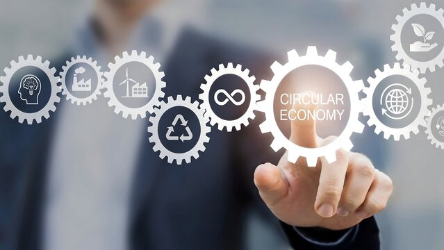 Businessman touching digital interface showing circular economy concept with gears and sustainable development icons for corporate responsibility