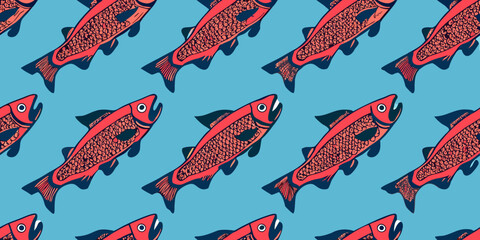 Red Salmon Pattern On Blue Background Seamless Repeating Illustration © Prosanta