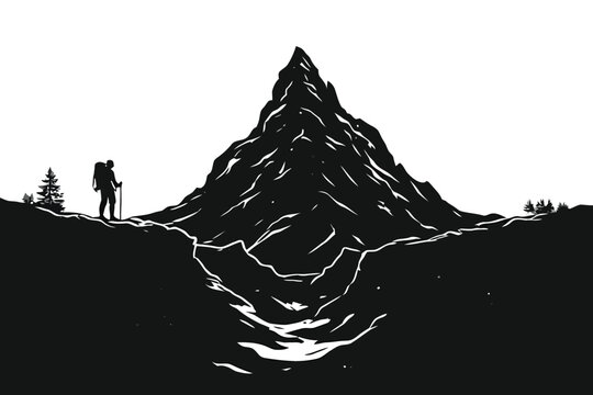 Silhouette of hiker standing on mountain peak against clear white background.