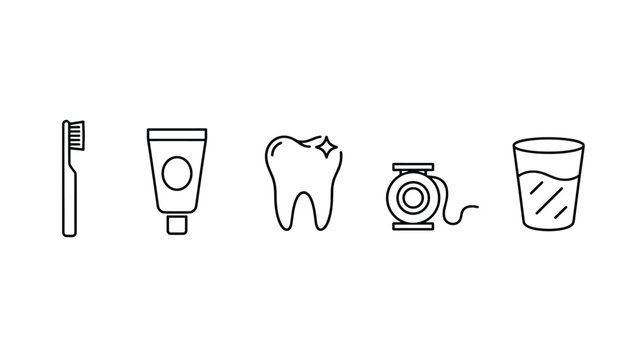 Essential collection of oral hygiene dental care icons including toothbrush, toothpaste, shiny tooth, floss, and water glass.