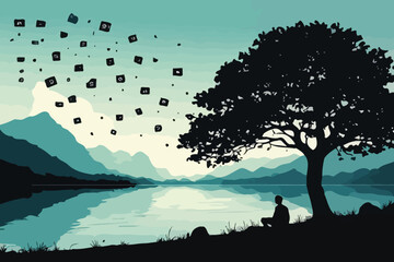 Obraz premium Person meditates under tree by lake as lanterns float in sky.