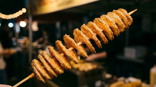 Crispy golden spiral potato on a stick, a popular and savory deep-fried street food snack enjoyed at a vibrant night market, offering a delightful quick bite