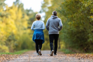Obraz premium Walking couple enjoying autumn park nature fitness outdoors active lifestyle together